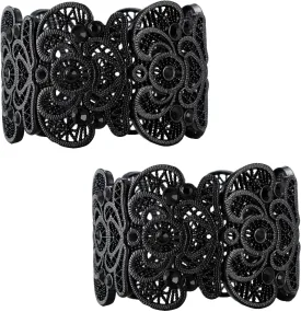 2 Pieces Black Bracelet for Women Gothic Vintage Filigree Jewelry Ladies Cuff Bracelets Bohemian Lace Bracelet Lace Cuff Bangle Wide Stretch Rhinestone Statement