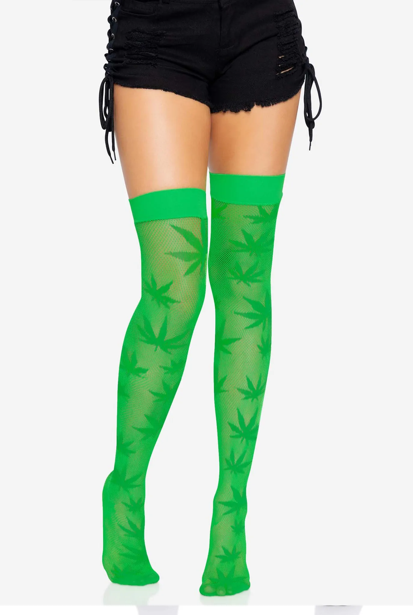 420 Fishnet Thigh High Stockings with Weed Leaf Design