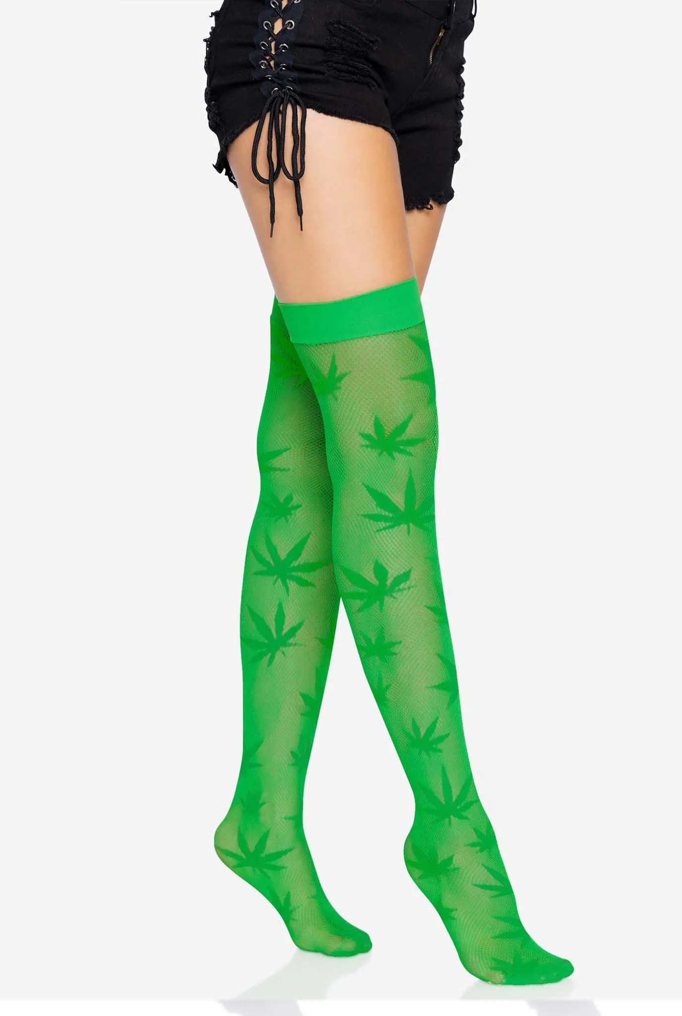 420 Fishnet Thigh High Stockings with Weed Leaf Design