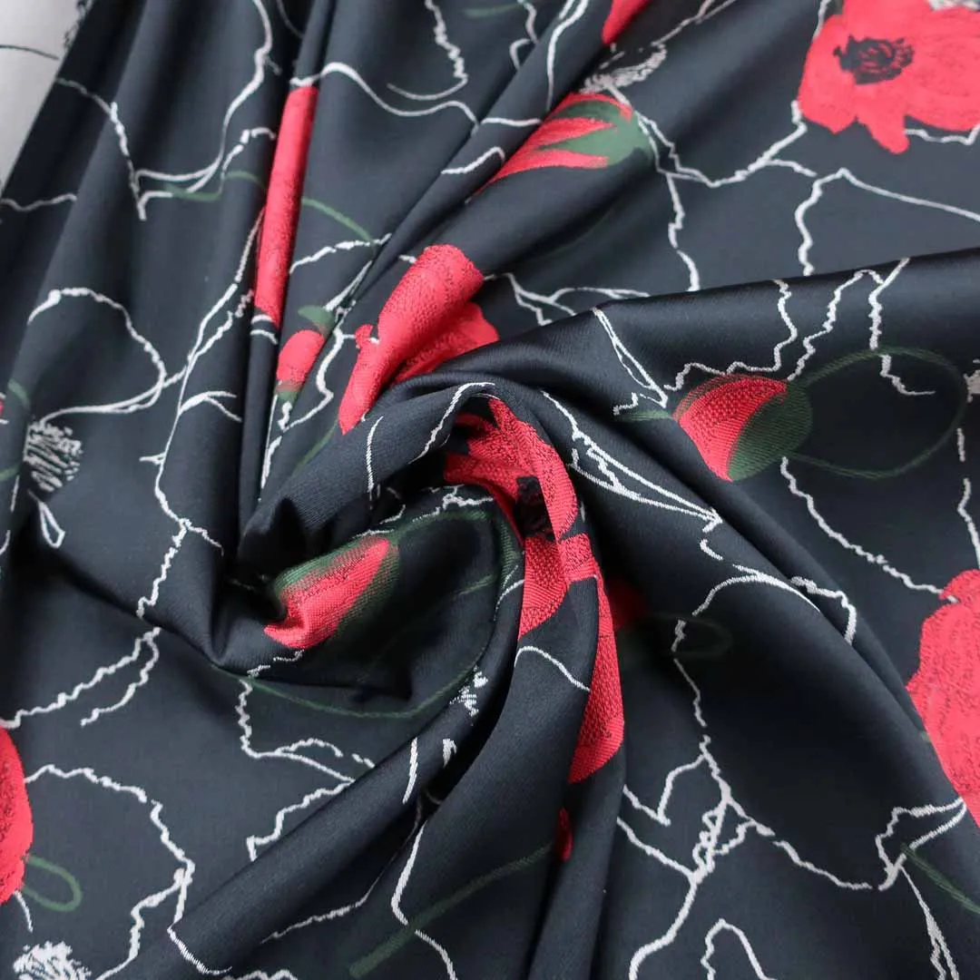 Black And Red Floral Textured Brocade Fabric