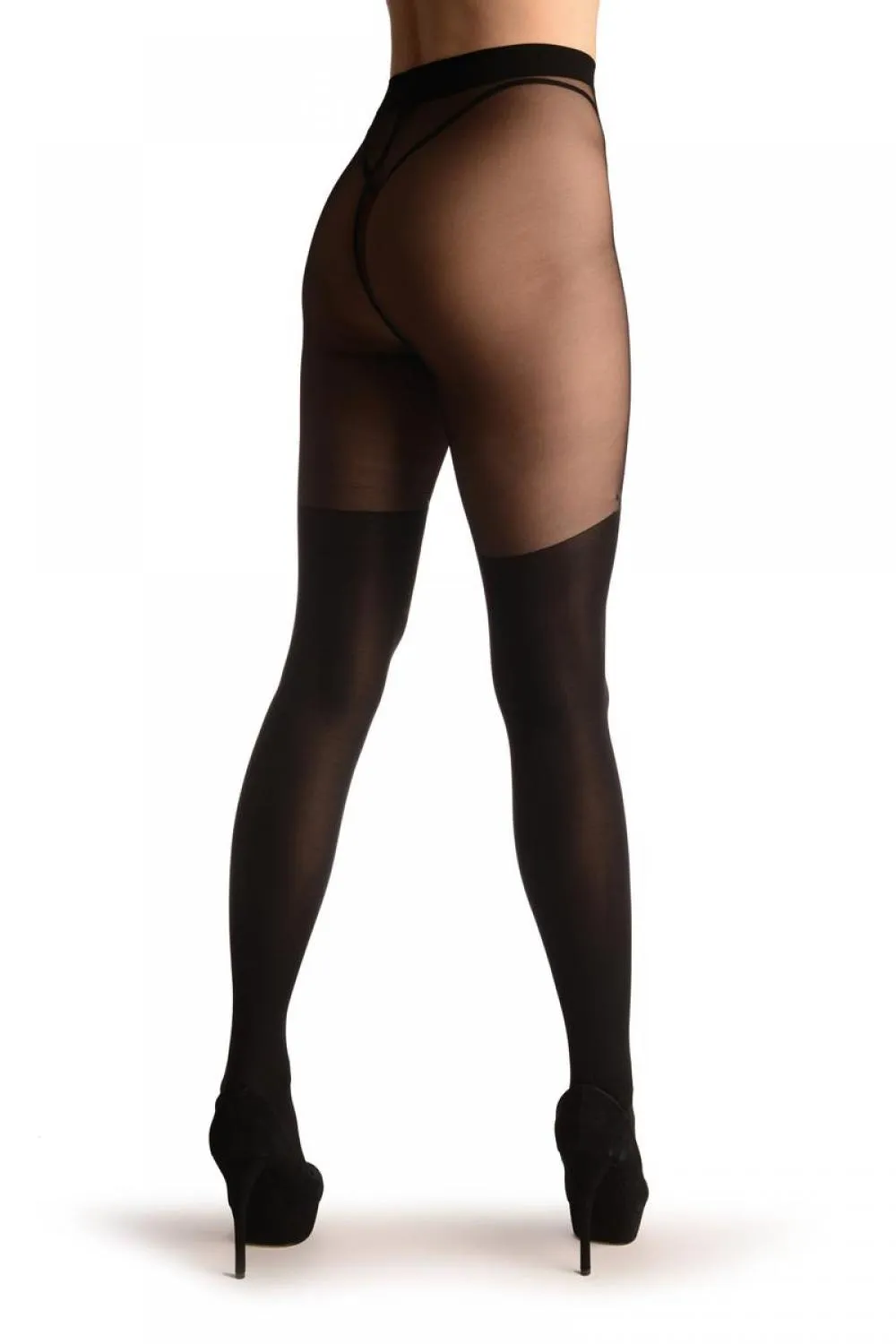 Black Faux Stockings With Printed Grey & Black Roses
