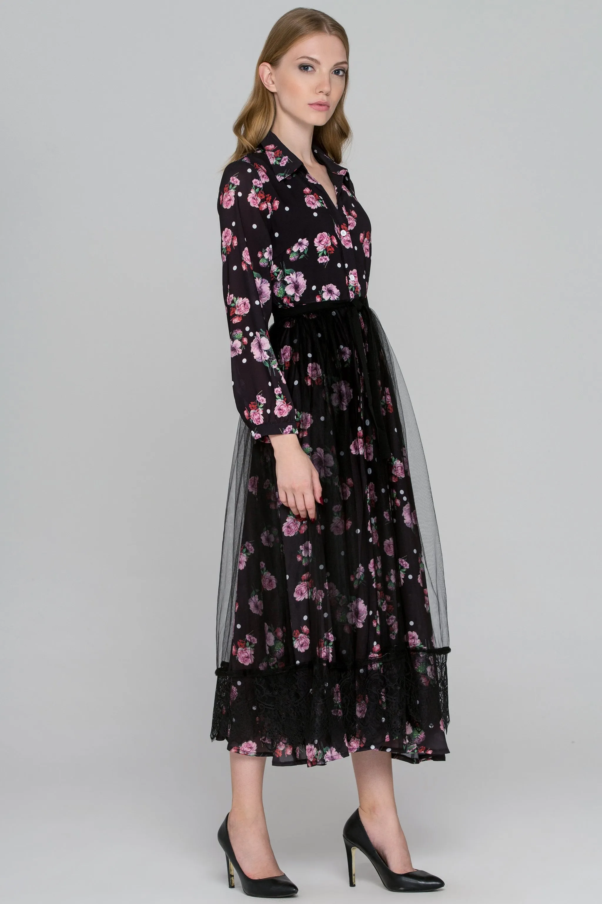 Black Floral Dots Tulle Layer Maxi Shirt Dress