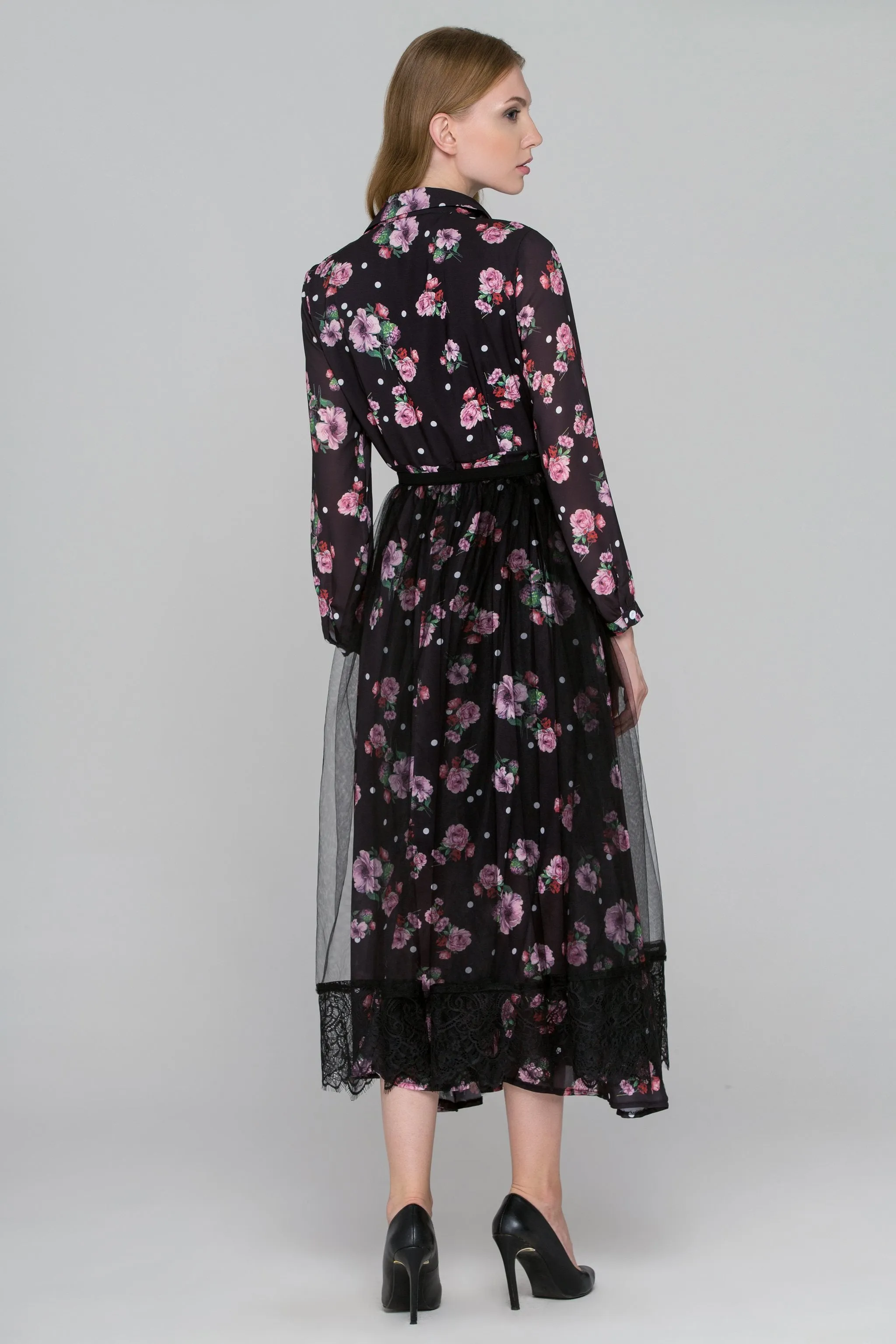Black Floral Dots Tulle Layer Maxi Shirt Dress