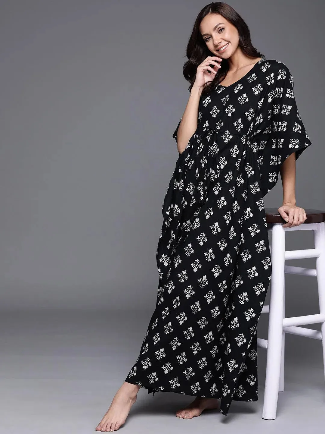 Black Printed Cotton Nightdress