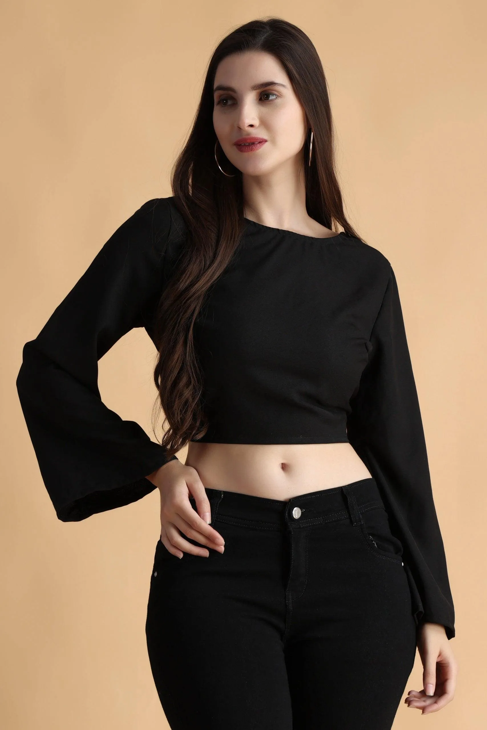 Black Solid Backless Tie Top with Bell Sleeves