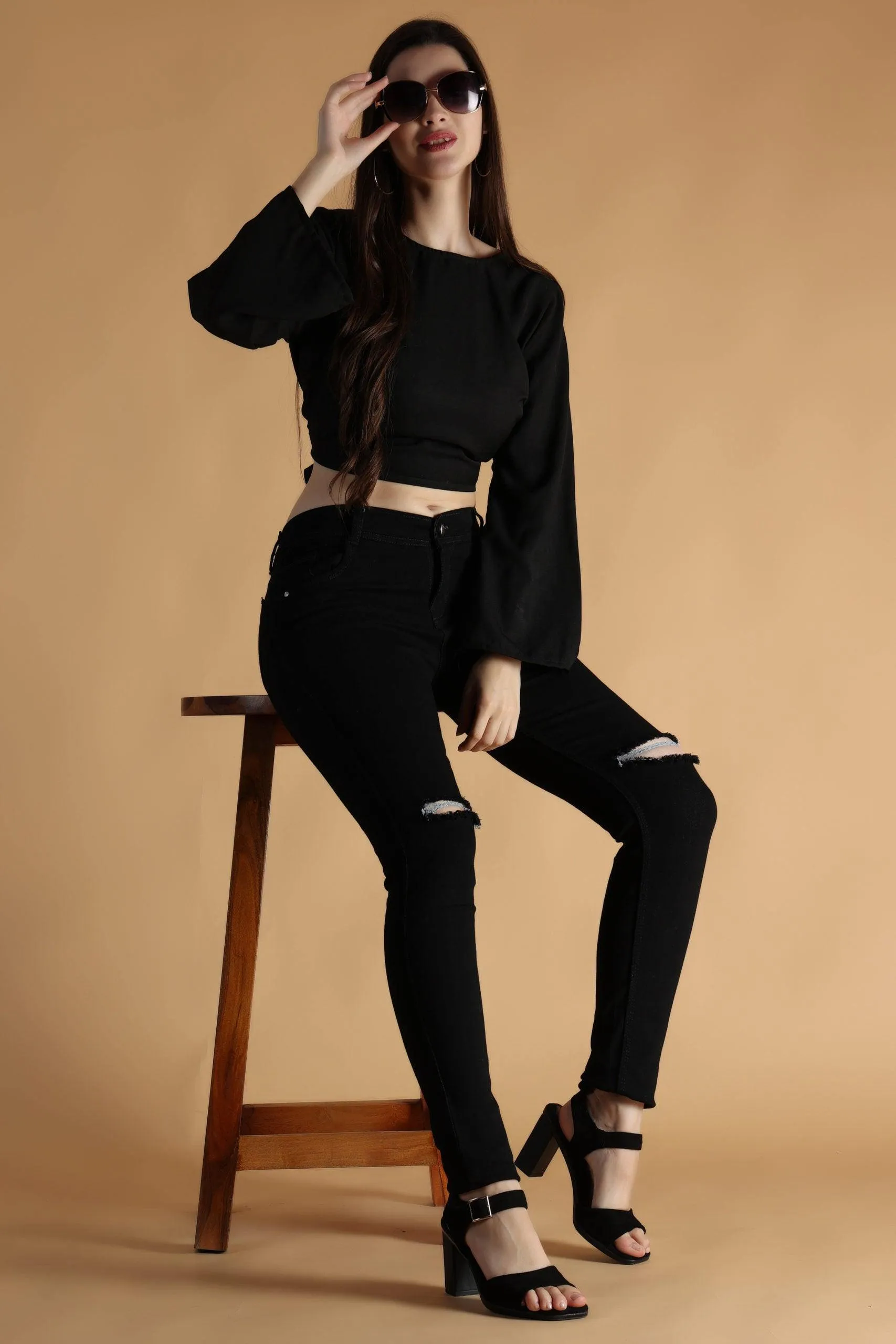 Black Solid Backless Tie Top with Bell Sleeves