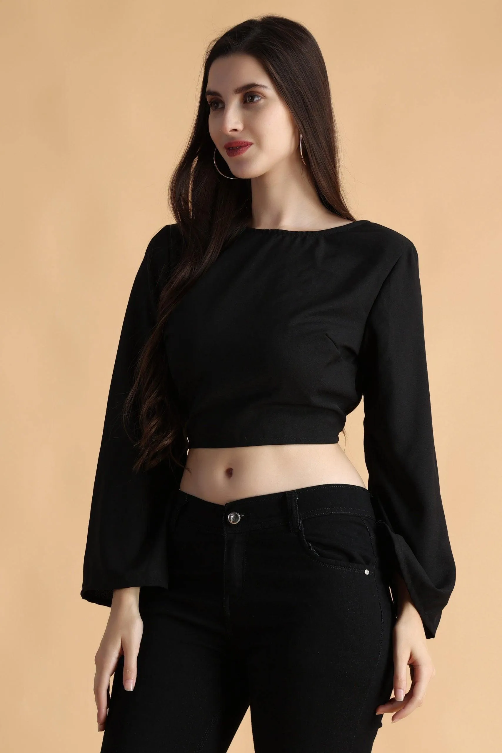 Black Solid Backless Tie Top with Bell Sleeves
