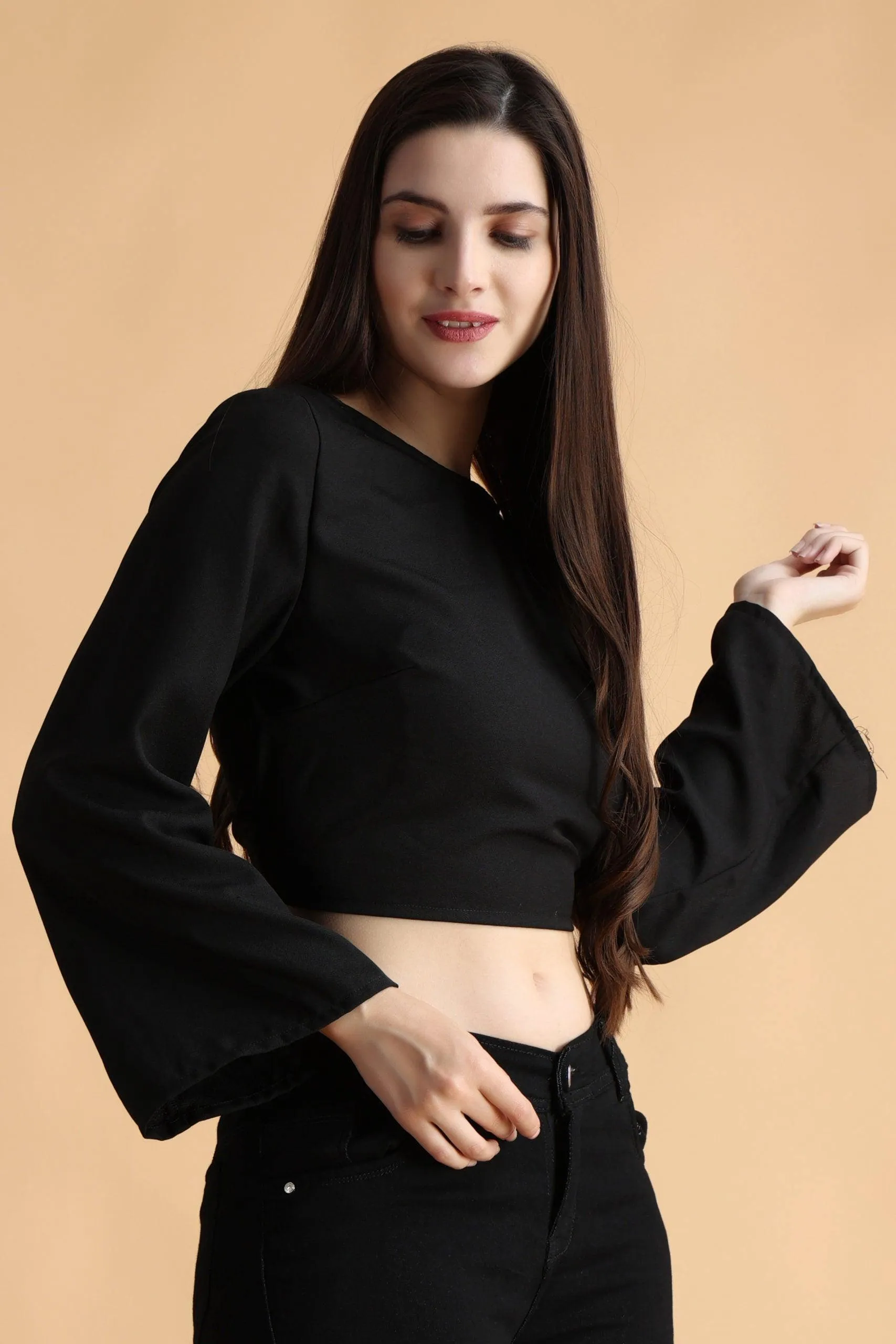 Black Solid Backless Tie Top with Bell Sleeves