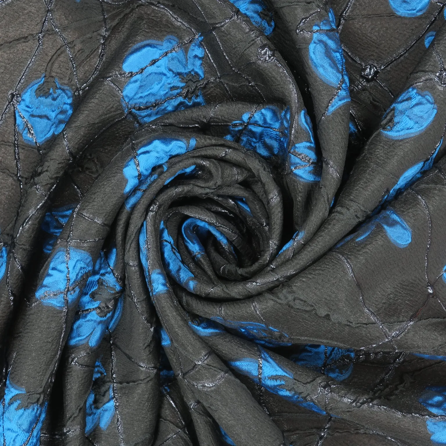 Blue Florals on a Black Background Texured Brocade Fabric