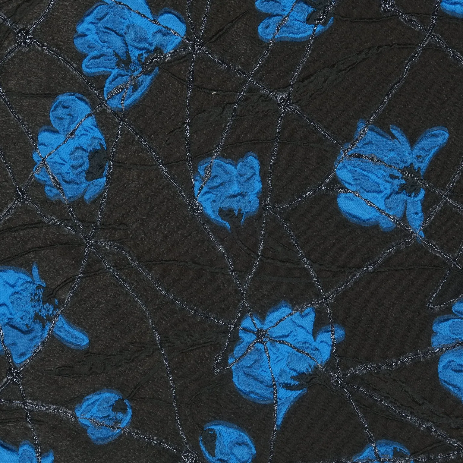 Blue Florals on a Black Background Texured Brocade Fabric