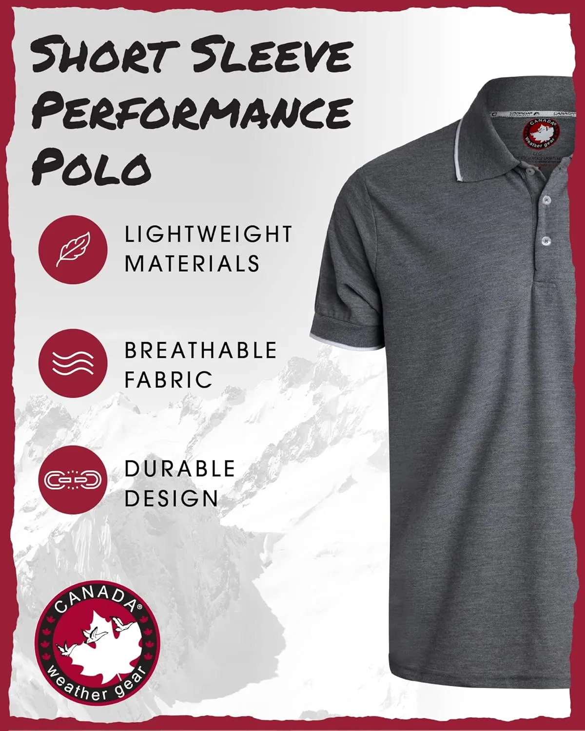 CANADA WEATHER GEAR Men's Polo Shirt - Tipped Spandex Short Sleeve Performance Polo with Contrast Collar Trim (Sizes: S-XXL)