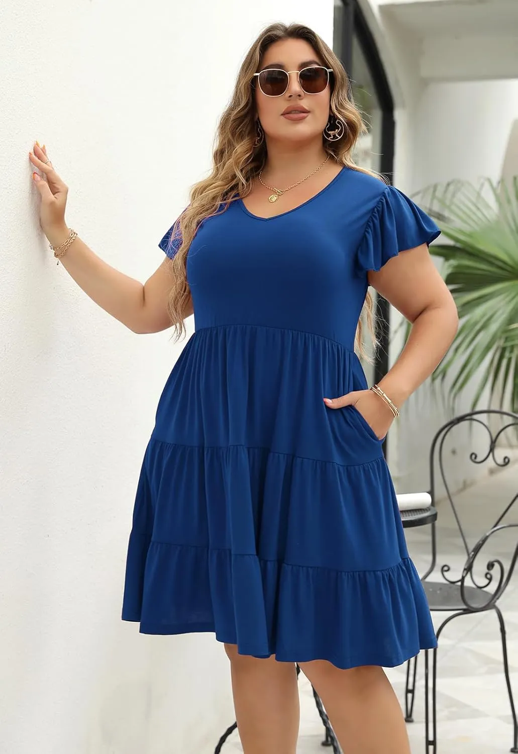 Celkuser Plus Size Casual Summer Dresses Curvy Womens Elastic Waist Tiered A Line Ruffle Hem Dress with Pockets