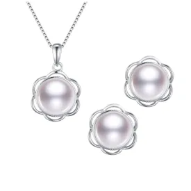 Classic 7-8mm White Pearl Pendant and Earrings, Silver Pearl Jewellery Set For Women
