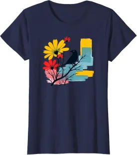 Colorful Songbird and Cosmos Flowers | Abstract Graphic Art T-Shirt