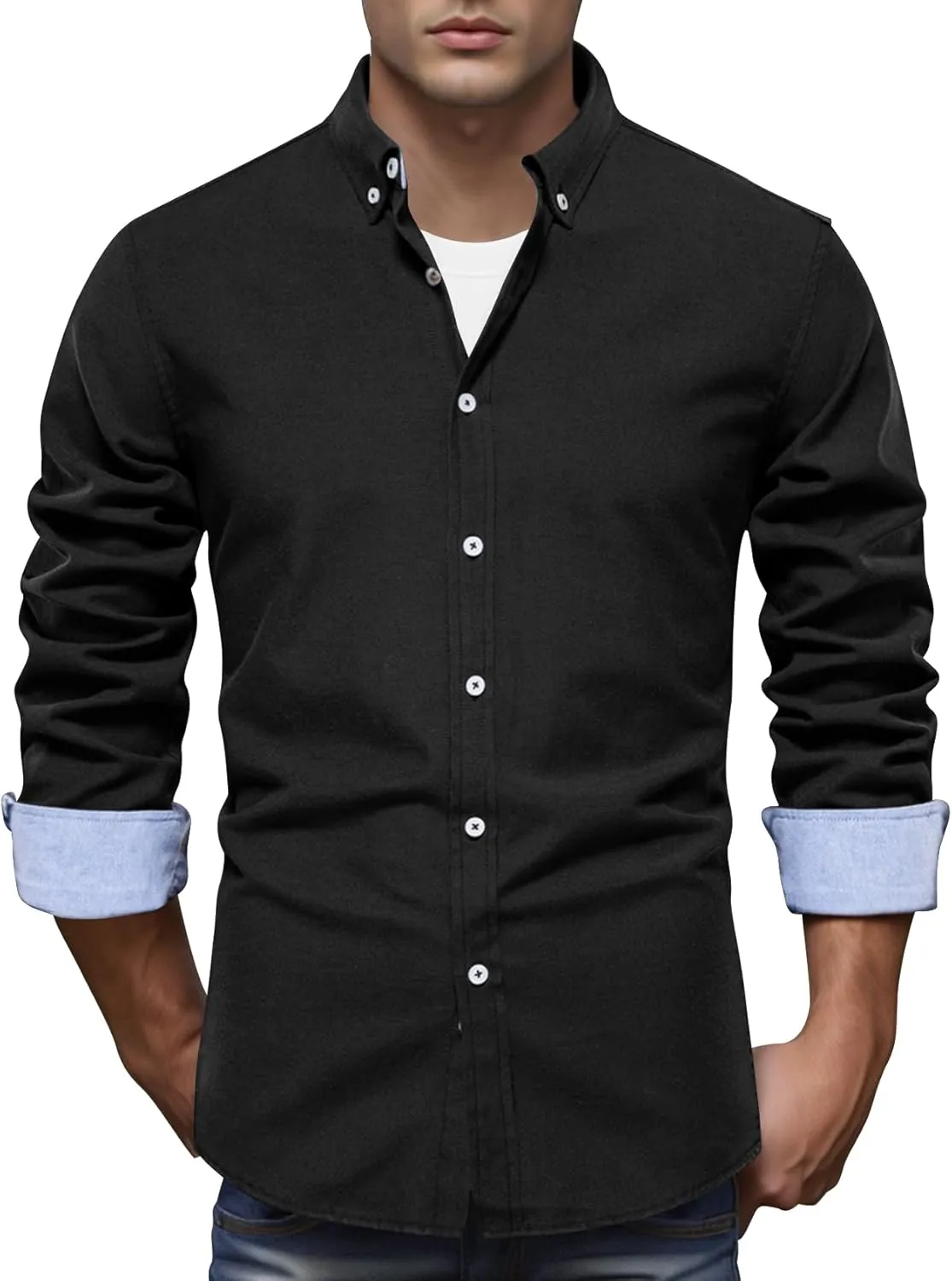 COZYPOIN Mens Dress Shirts Long Sleeve Wrinkle Free Regular Fit Inner Contrast Casual Business Wedding Button Down Shirt