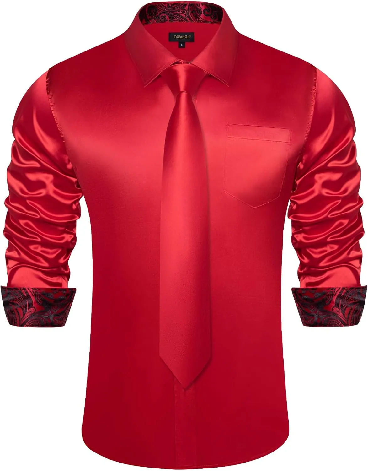 DiBanGu Satin Shirt and Tie Sets for Men Dress Shirts Long Sleeve Inner Contrast Men's Casual Button-Down Shirts S-3XL