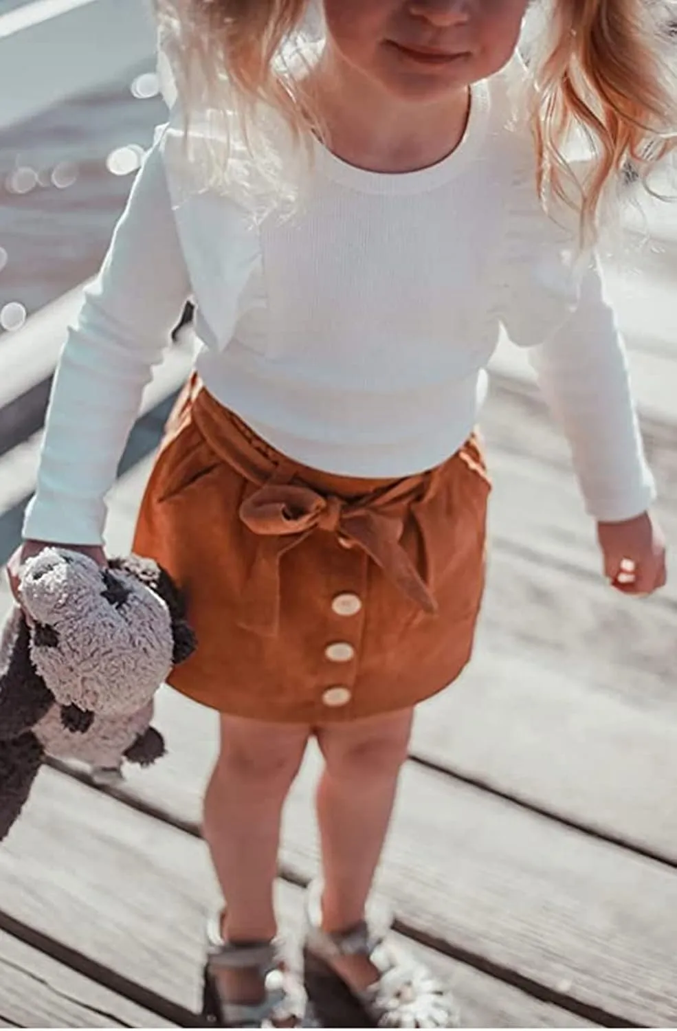 DUBASAM Trendy Kids Toddler Baby Girl Fall Outfit Ruffle Long Sleeve Knit Blouse Pullover Top Mini Skirt with Belt Clothes