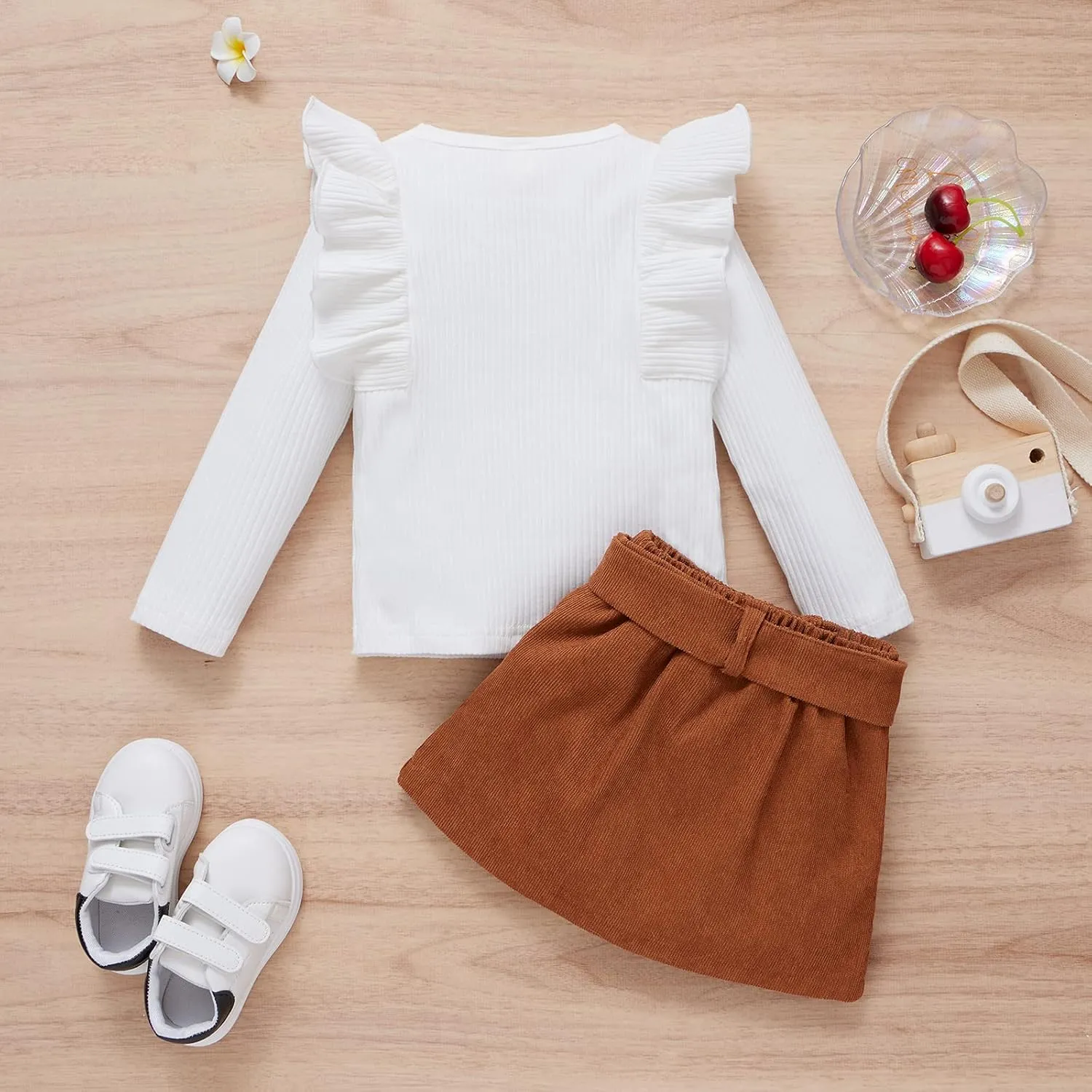 DUBASAM Trendy Kids Toddler Baby Girl Fall Outfit Ruffle Long Sleeve Knit Blouse Pullover Top Mini Skirt with Belt Clothes