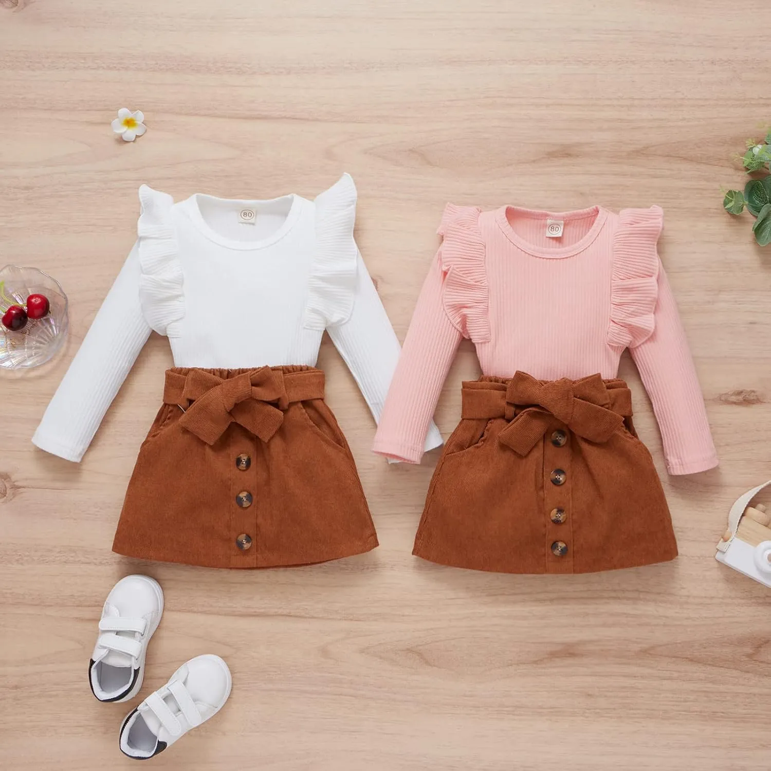 DUBASAM Trendy Kids Toddler Baby Girl Fall Outfit Ruffle Long Sleeve Knit Blouse Pullover Top Mini Skirt with Belt Clothes