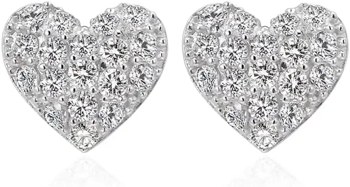 Fashion Full CZ Heart Love Minimalist Real 925 Sterling Silver Small Cartilage Stud Earrings for Women Sensitive Ear Cute Crystal Huggie Studs Jewelry Hypoallergenic Gifts Daughter Her 8mm