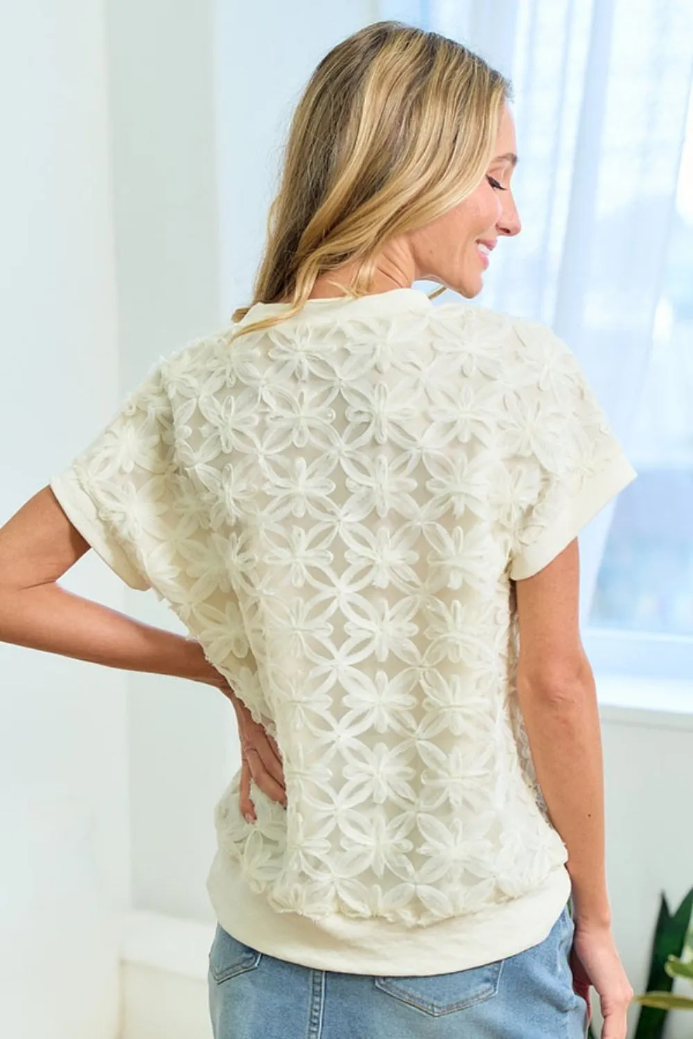 First Love 3D Mesh Flower Round Neck Short Sleeve Top in Ivory