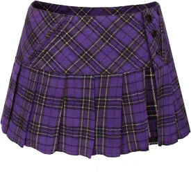 FURPHI Mini Plaid Pleated Skirt Women's US Size Low Waist Slit Schoolgirl Uniform