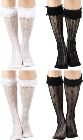 Geyoga 4 Pairs Women's Lace Socks Fishnet Mesh Knee High Stockings Lace Ankle High Socks for Women