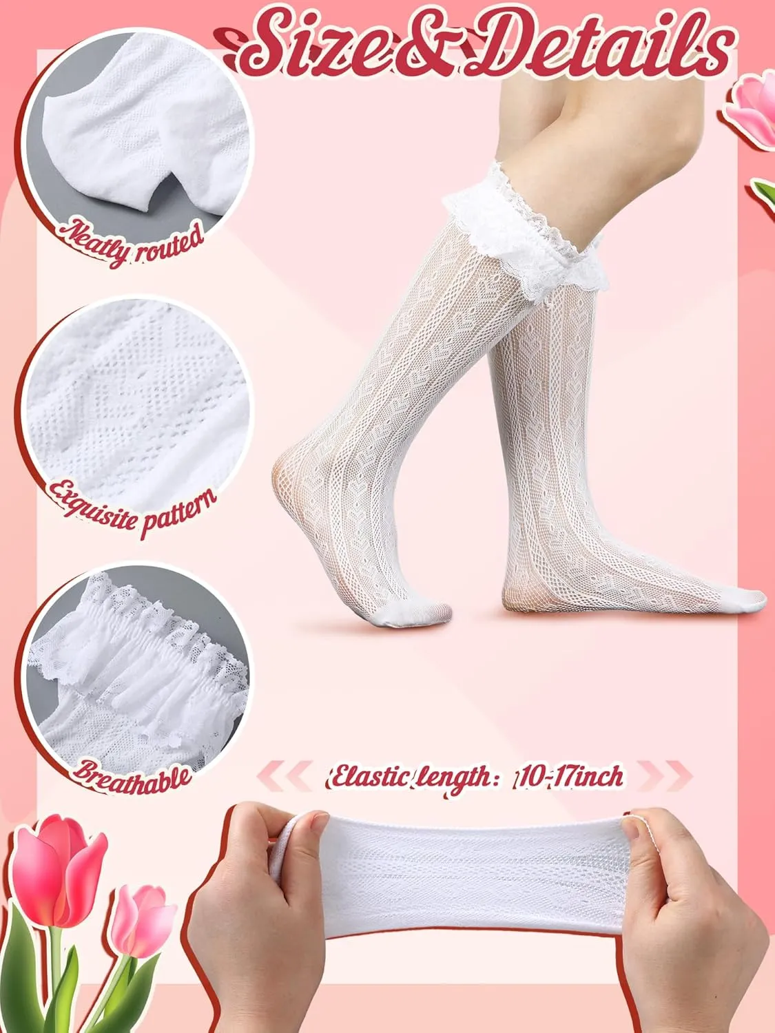 Geyoga 4 Pairs Women's Lace Socks Fishnet Mesh Knee High Stockings Lace Ankle High Socks for Women