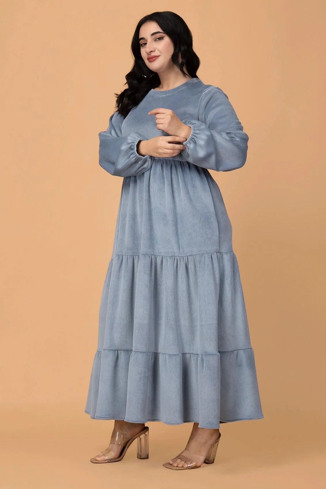 Grey Solid Ribbed Knit Maxi Dress