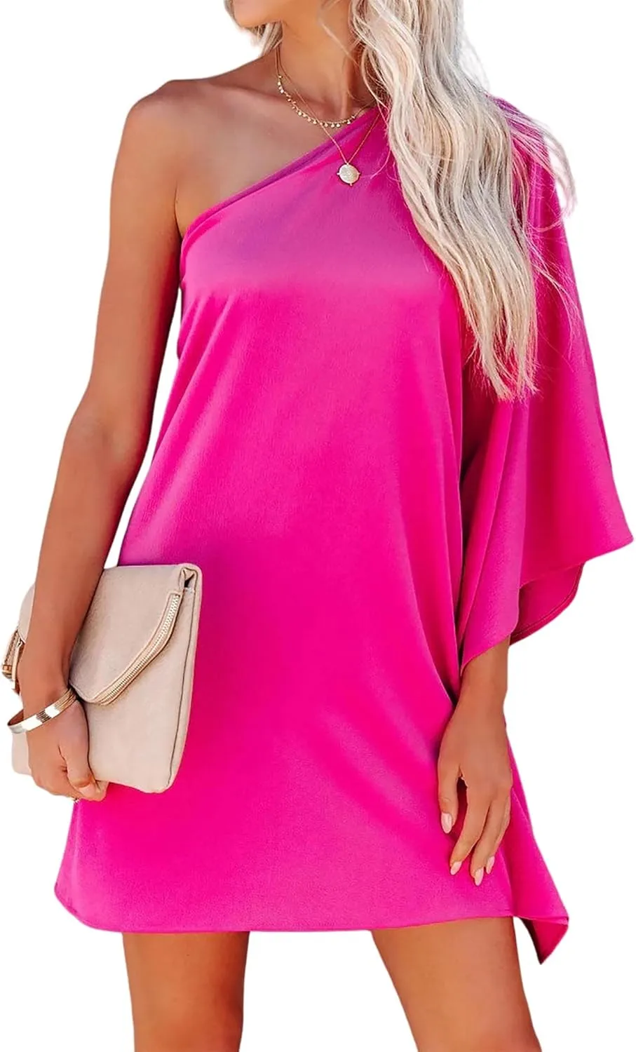 Jhsnjnr Women's Sexy One Shoulder Batwing Sleeve Dress Casual Solid Club Party Mini Dress