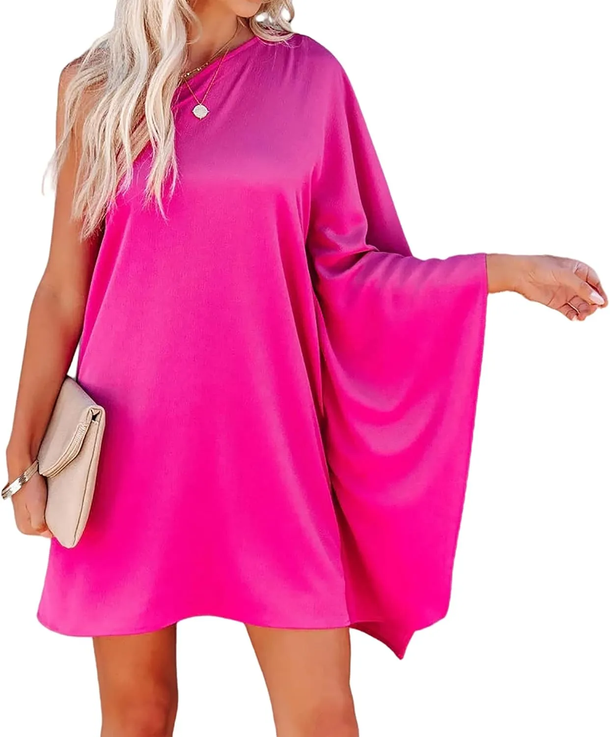 Jhsnjnr Women's Sexy One Shoulder Batwing Sleeve Dress Casual Solid Club Party Mini Dress