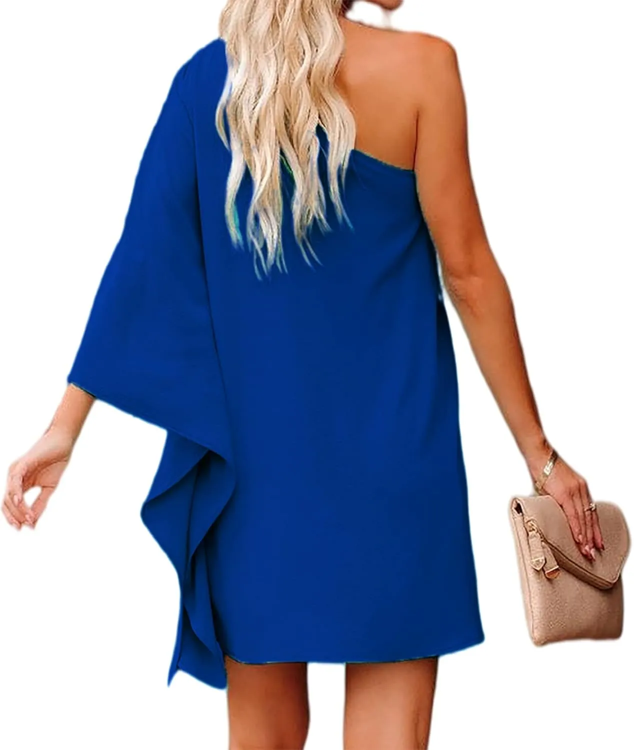 Jhsnjnr Women's Sexy One Shoulder Batwing Sleeve Dress Casual Solid Club Party Mini Dress