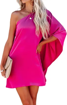 Jhsnjnr Women's Sexy One Shoulder Batwing Sleeve Dress Casual Solid Club Party Mini Dress
