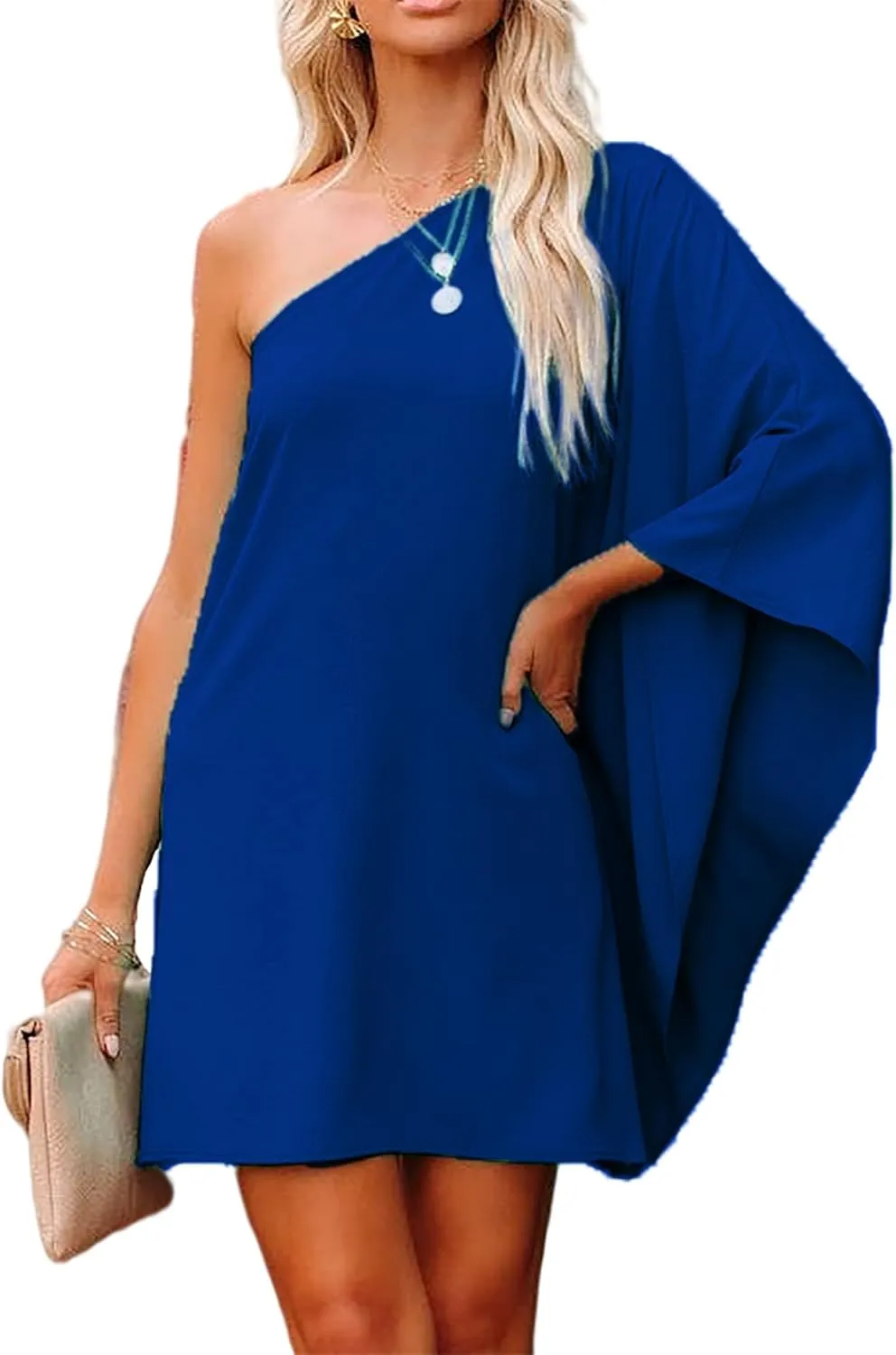 Jhsnjnr Women's Sexy One Shoulder Batwing Sleeve Dress Casual Solid Club Party Mini Dress