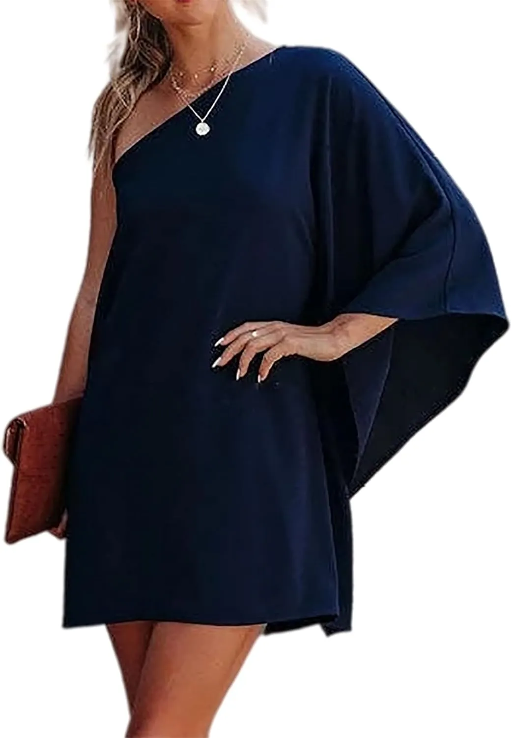 Jhsnjnr Women's Sexy One Shoulder Batwing Sleeve Dress Casual Solid Club Party Mini Dress