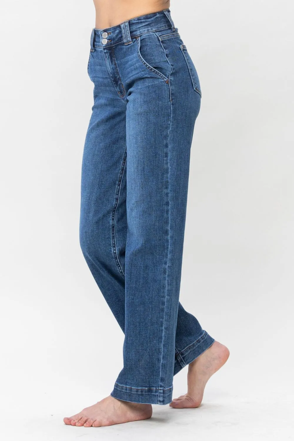 Judy Blue Double Button Wide Leg Jeans in Medium Wash