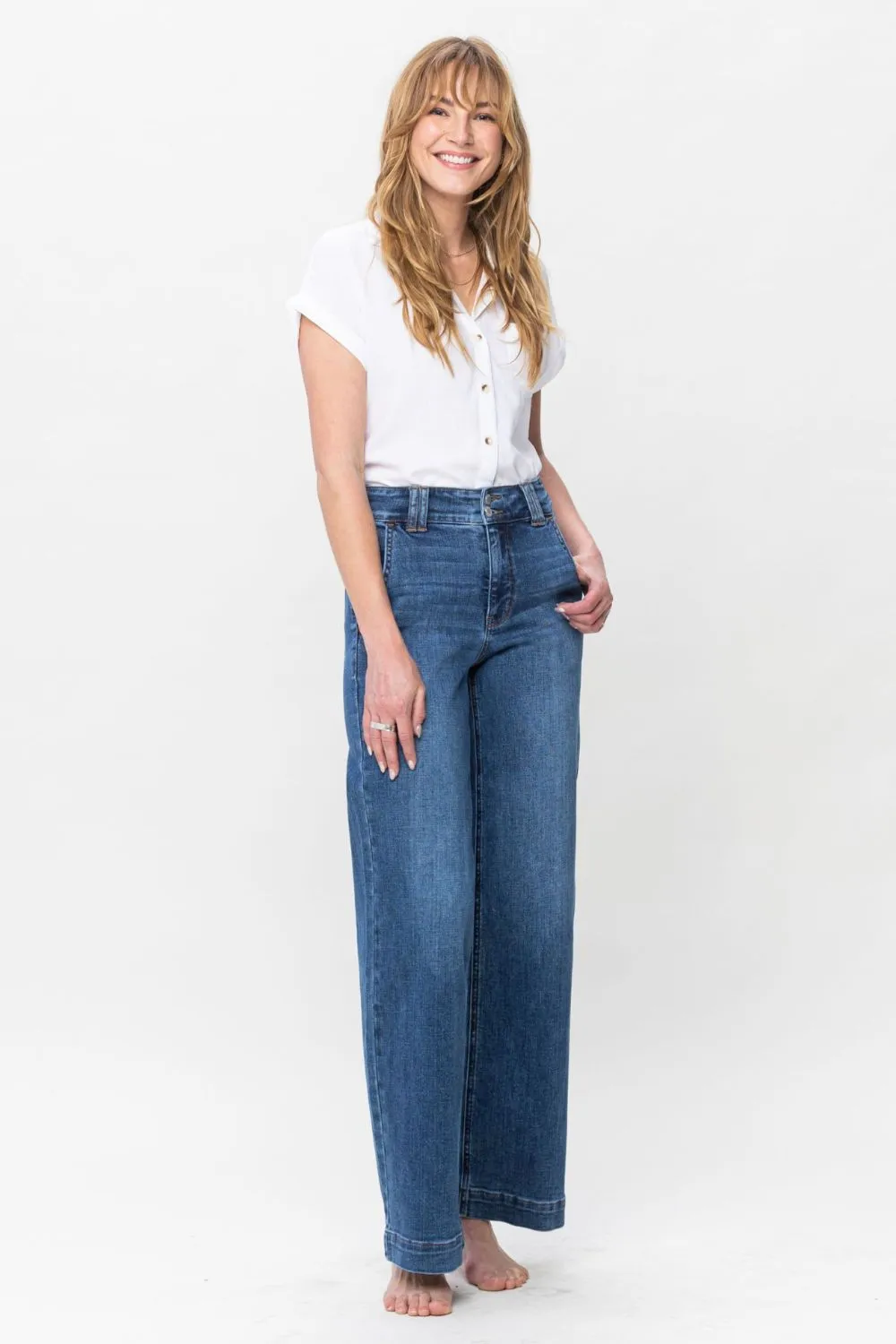 Judy Blue Double Button Wide Leg Jeans in Medium Wash