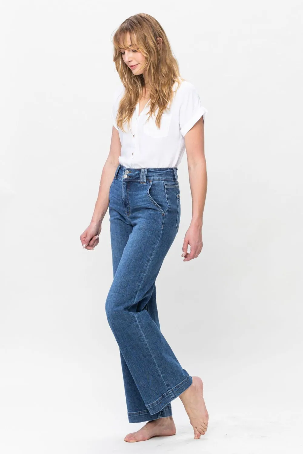 Judy Blue Double Button Wide Leg Jeans in Medium Wash
