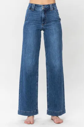 Judy Blue Double Button Wide Leg Jeans in Medium Wash