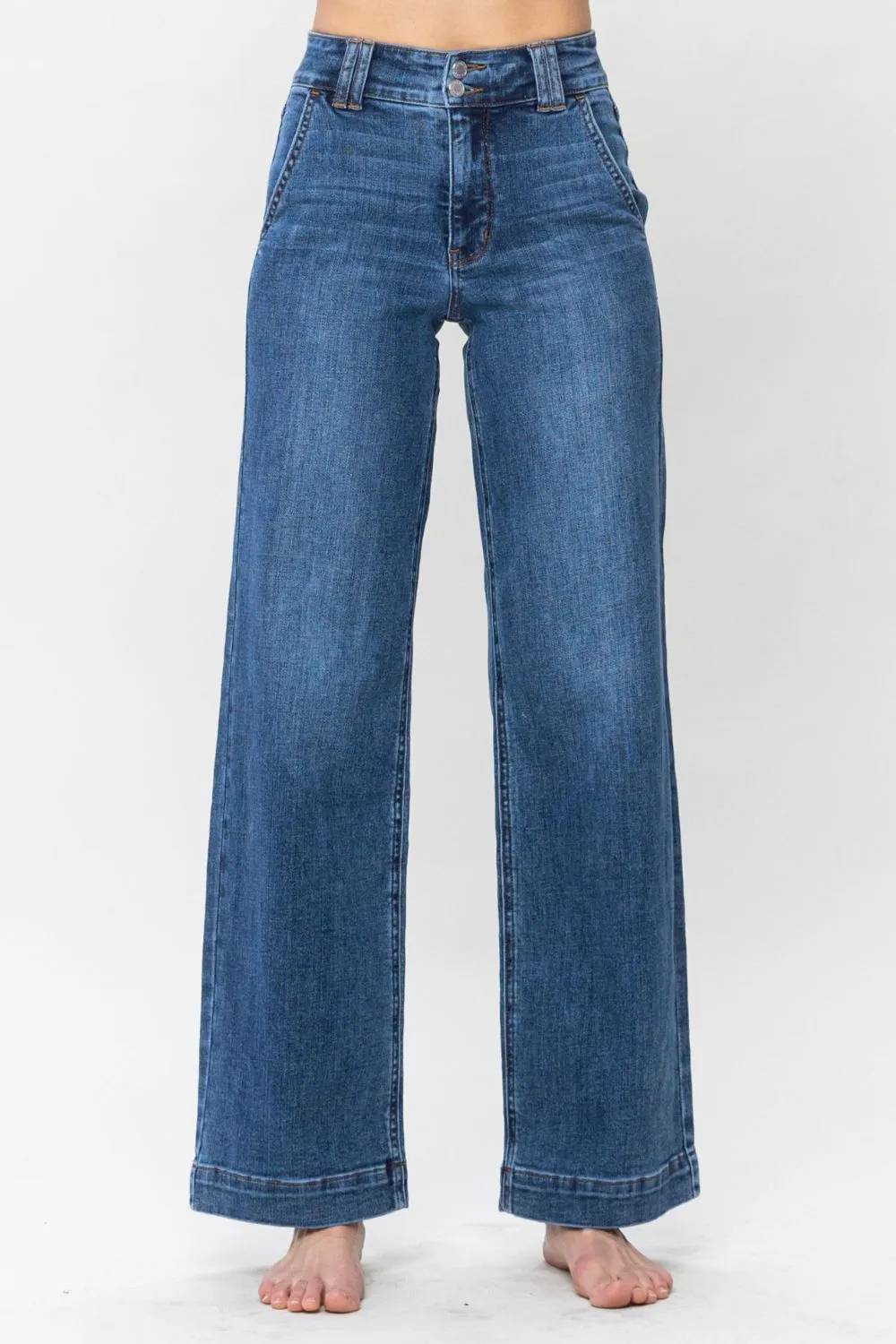 Judy Blue Double Button Wide Leg Jeans in Medium Wash