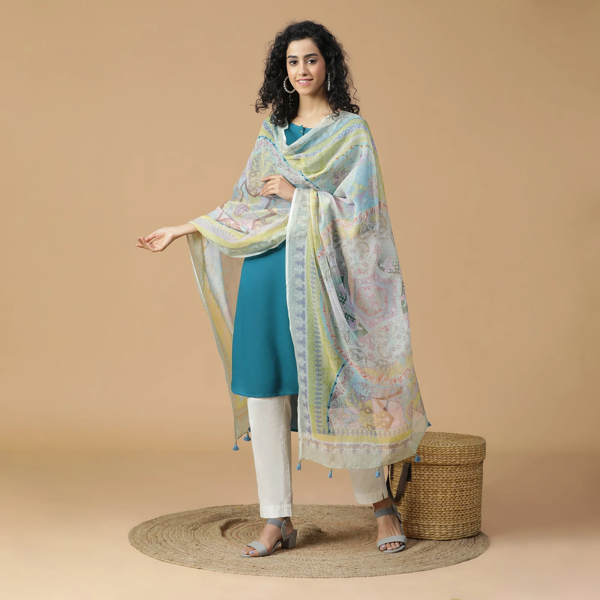 Kinjal: Azure Mix Tint Abstract Printed Cotton Silk Dupatta