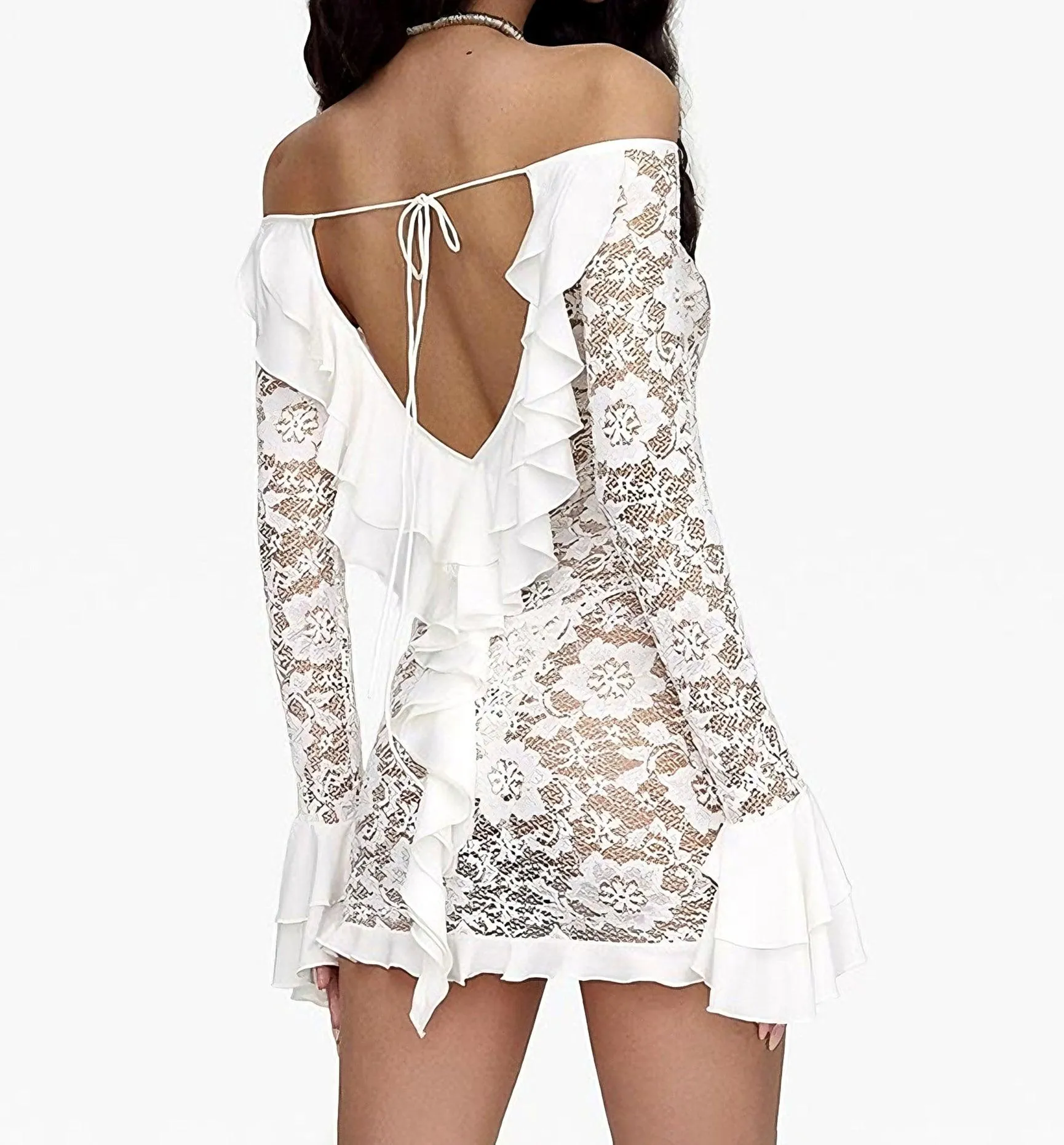 Lace Hollow-Out Off-Shoulder Tie-Front Mini Dress