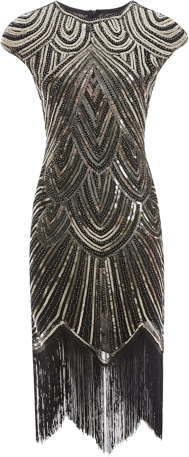 Letter Love Womens Vintage Lace Fringed Gatsby 1920s Cocktail Dress with 20s Accessories Set