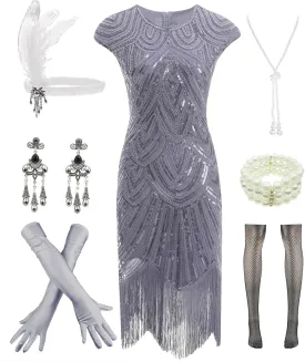 Letter Love Womens Vintage Lace Fringed Gatsby 1920s Cocktail Dress with 20s Accessories Set