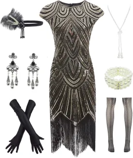 Letter Love Womens Vintage Lace Fringed Gatsby 1920s Cocktail Dress with 20s Accessories Set