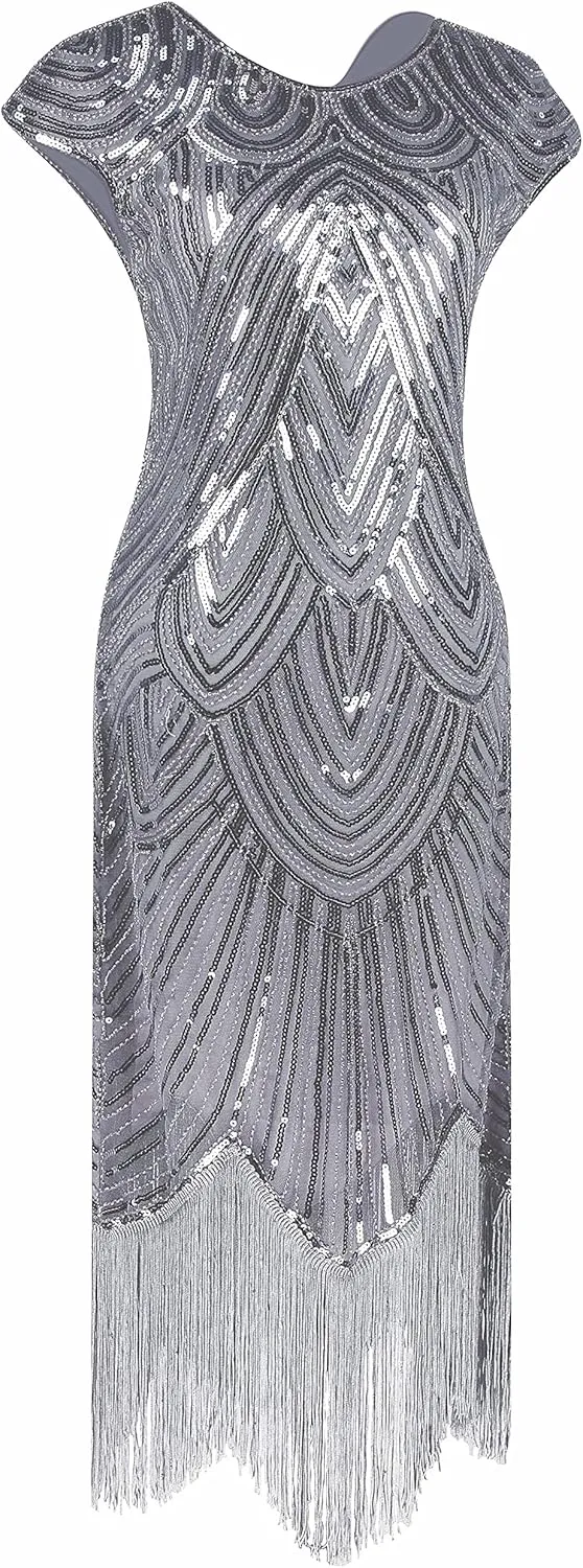 Letter Love Womens Vintage Lace Fringed Gatsby 1920s Cocktail Dress with 20s Accessories Set