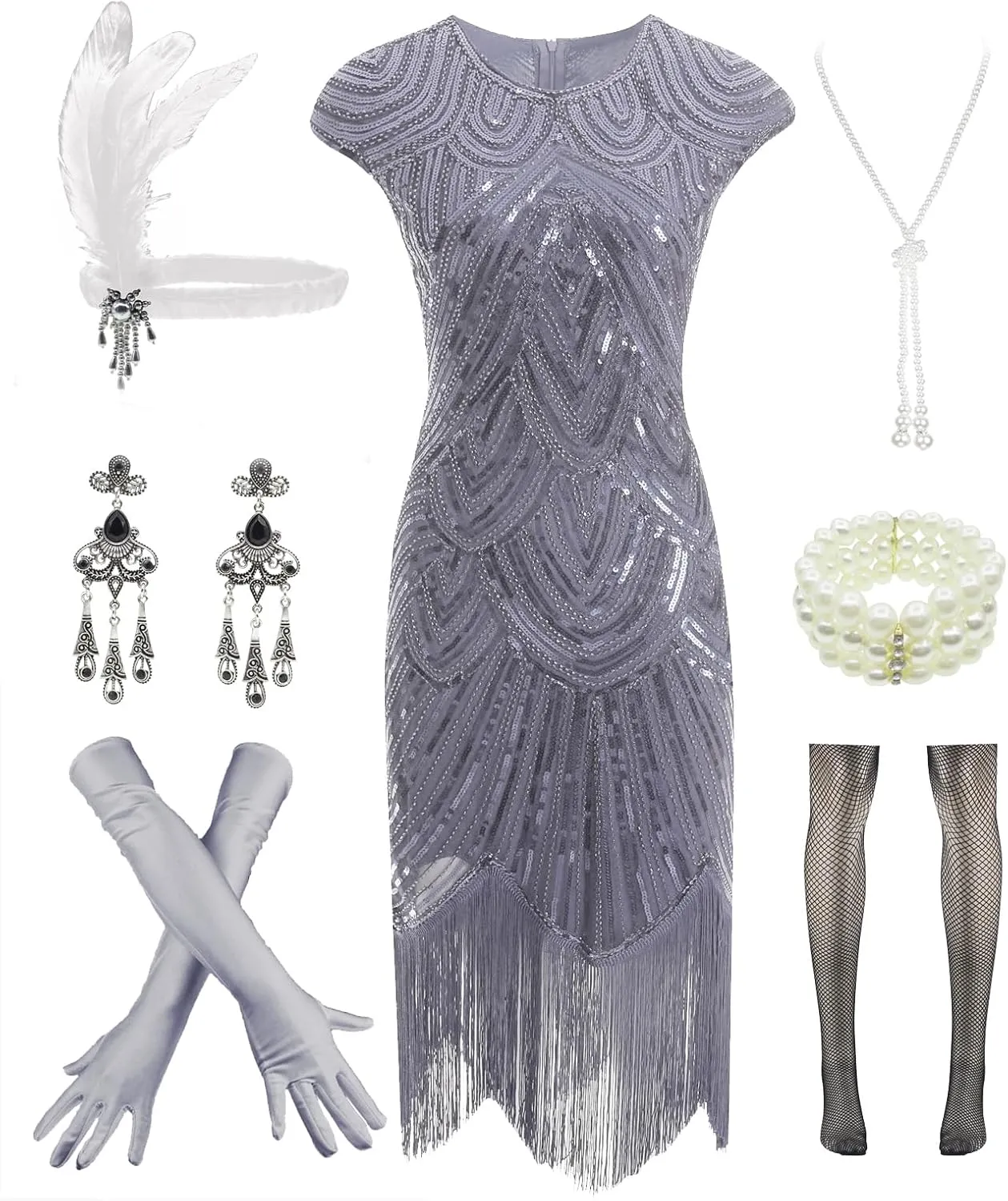 Letter Love Womens Vintage Lace Fringed Gatsby 1920s Cocktail Dress with 20s Accessories Set