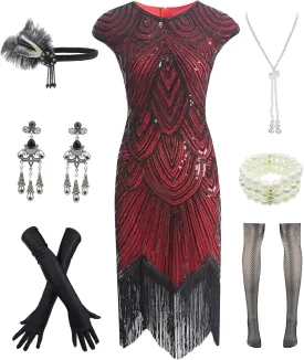 Letter Love Womens Vintage Lace Fringed Gatsby 1920s Cocktail Dress with 20s Accessories Set
