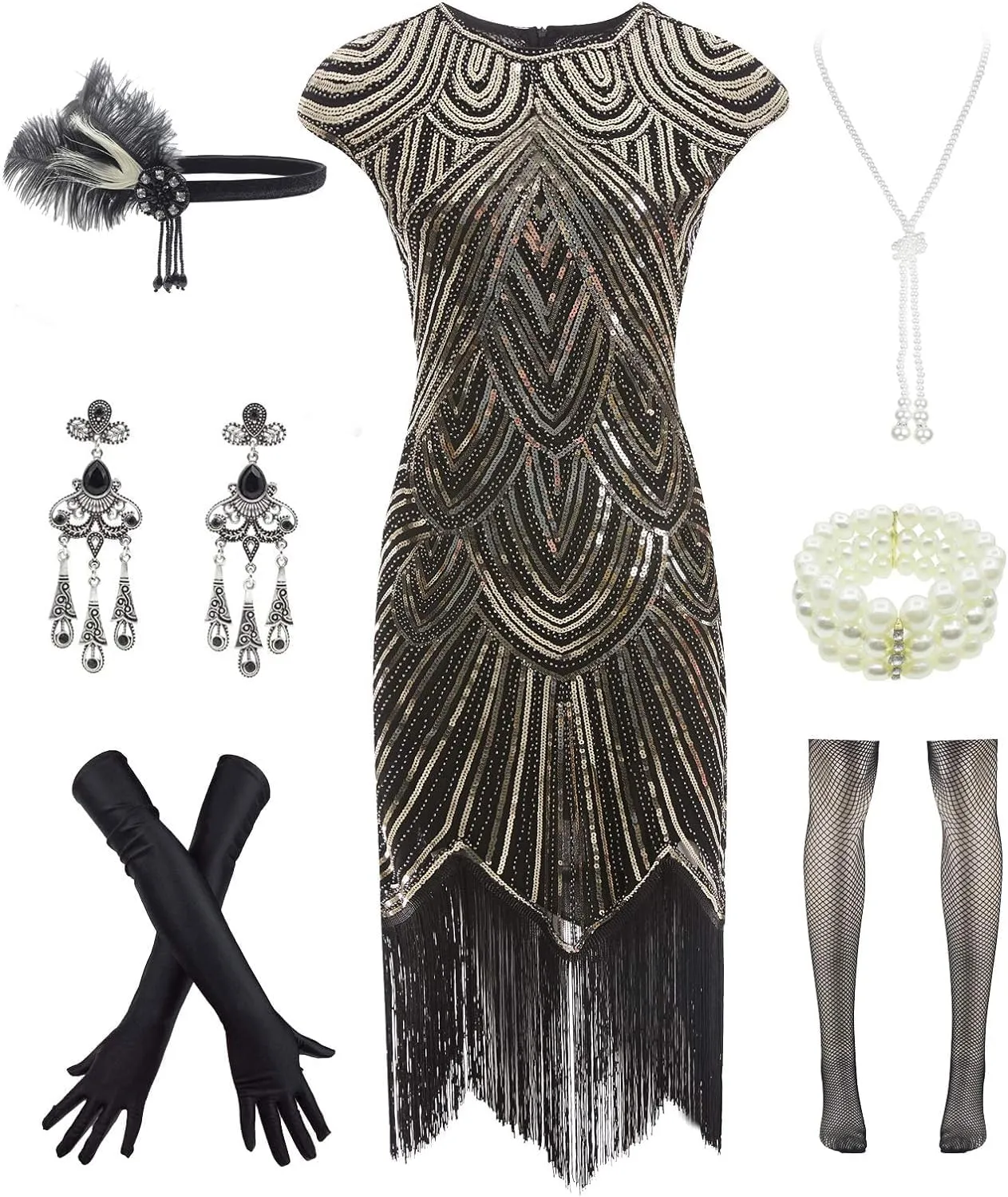 Letter Love Womens Vintage Lace Fringed Gatsby 1920s Cocktail Dress with 20s Accessories Set
