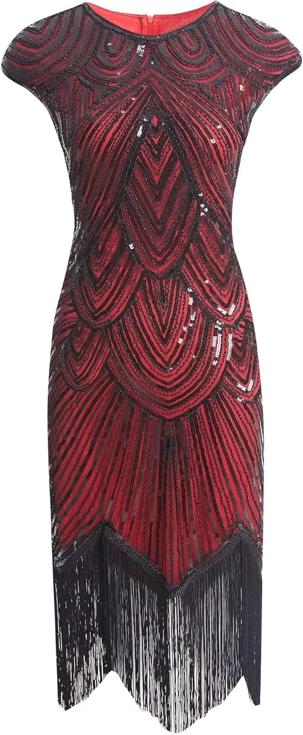 Letter Love Womens Vintage Lace Fringed Gatsby 1920s Cocktail Dress with 20s Accessories Set